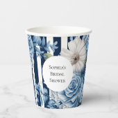 ネイビーブルーの花柄ストライプのブライズシャワー 紙コップ (正面)