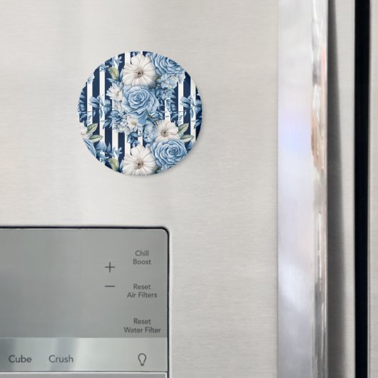 ネイビーブルーの花柄ストライプの結婚前お披露目パーティー マグネット (インサイチュ (冷蔵庫))