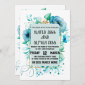 ネイビーブルーの花柄デザインの結婚式 招待状 (正面/裏面)