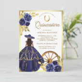 ネイビーブルーの花柄ドレス チャロゴールドのキンセアニエラ 招待状 (スタンド正面)