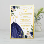 ネイビーブルーの花柄ドレス バタフライ キンセアニエラ ゴールド 箔招待状 (立ち正面)