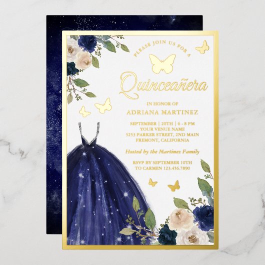 ネイビーブルーの花柄ドレス バタフライ キンセアニエラ ゴールド 箔招待状 (正面/裏面)