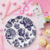 ネイビーブルーの花柄ビンテージ ペーパープレート (パーティー)