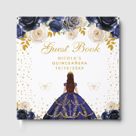 ネイビーブルーの花柄プリンセスのクィンセañera ゲストブック