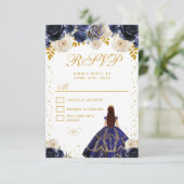 ネイビーブルーの花柄プリンセスのクィンセañera 出欠カード (スタンド正面)