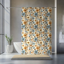 ネイビーブルーの花柄ボヘミアン陶器アクセントカーテン