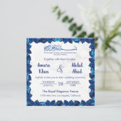 ネイビーブルーの花柄大理石インテリアが美しいイスラム教・ムスリムのためのウェディング 招待状 (スタンド正面)