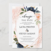 ネイビーブルーの花柄幾何学フレーム 日程変更 招待状 (正面)