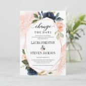 ネイビーブルーの花柄幾何学フレーム 日程変更 招待状 (スタンド正面)