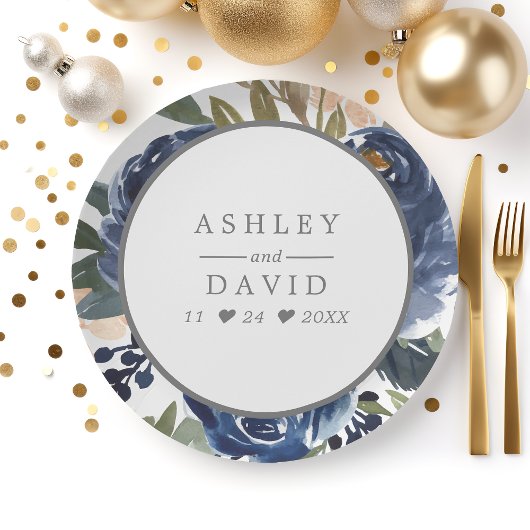 ネイビーブルーの花柄水彩ウェディング ペーパープレート
