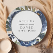 ネイビーブルーの花柄水彩ウェディング ペーパープレート
