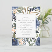 ネイビーブルーの花柄水彩ウェディング 招待状 (スタンド正面)