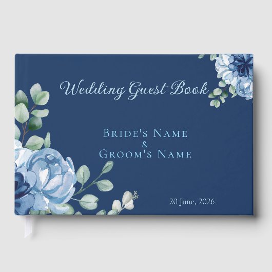ネイビーブルーの花柄水彩ペオニー結婚式 ゲストブック (正面)