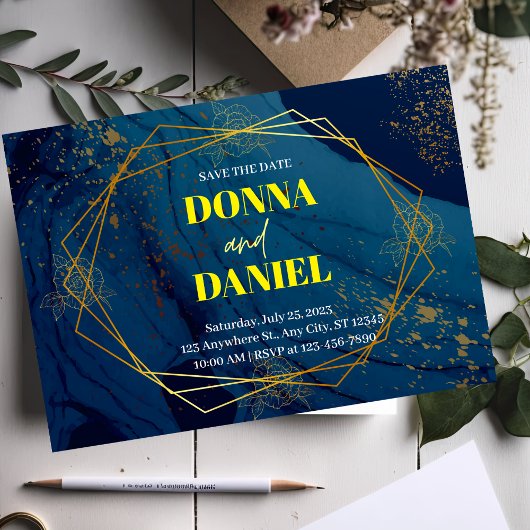 ネイビーブルーの花柄結婚式招待状 案内ポストカード