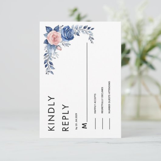 ネイビーブルーの花柄結婚式RSVPカード 出欠カード (スタンド正面)