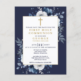 ネイビーブルーの花柄聖体拝領Save The Date ポストカード