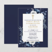 ネイビーブルーの花柄聖体拝領Save The Date ポストカード (正面/裏面)