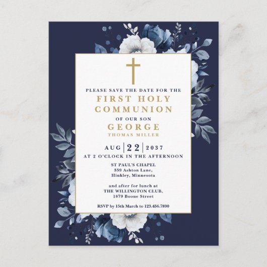 ネイビーブルーの花柄聖体拝領Save The Date ポストカード (正面)