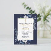 ネイビーブルーの花柄聖体拝領Save The Date ポストカード (スタンド正面)