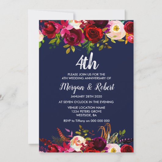 ネイビーブルーの花柄4周年結婚式招待状 招待状 (正面)