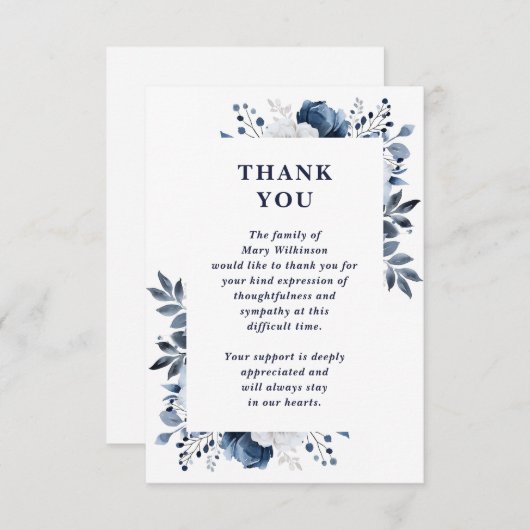 ネイビーブルーの花柄 お悔やみと感謝のカード サンキューカード (正面/裏面)