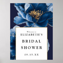ネイビーブルーの花柄 ブライダルシャワー ウェルカムサイン