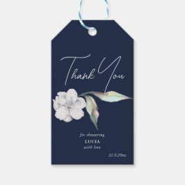 ネイビーブルーの花柄 葉のウェディングシャワーのお礼 ギフトタグ