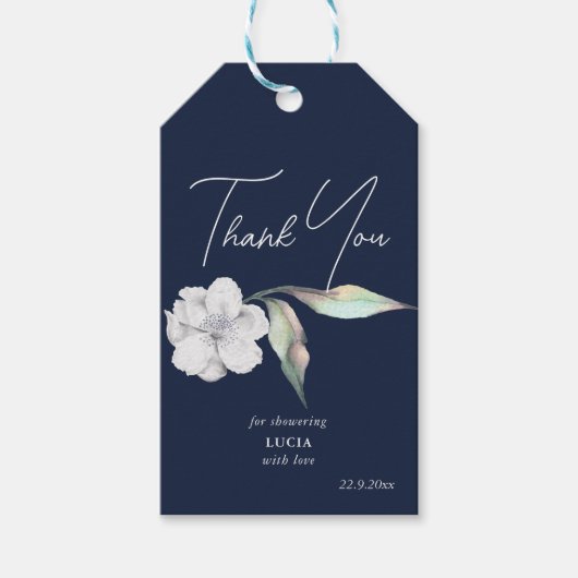 ネイビーブルーの花柄 葉のウェディングシャワーのお礼 ギフトタグ (正面)