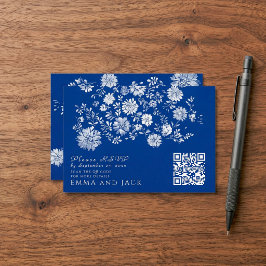 ネイビーブルーの花柄QRコード ウェディング詳細カード エンクロージャーカード
