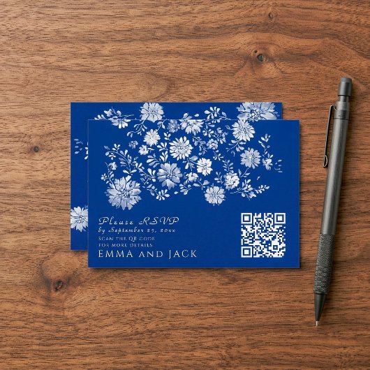 ネイビーブルーの花柄QRコード ウェディング詳細カード エンクロージャーカード