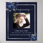 ネイビーブルーの花模様の銀の写真葬儀プログラム ポスター (正面)