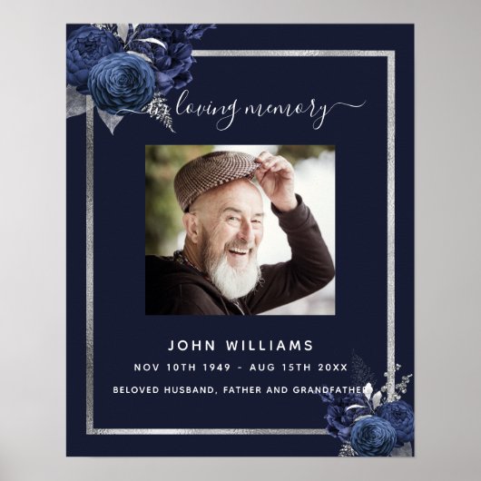 ネイビーブルーの花模様の銀の写真葬儀プログラム ポスター (正面)