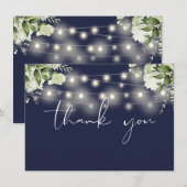 ネイビーブルーの花緑のストリングライト サンキューカード (正面/裏面)