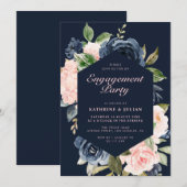 ネイビーブルーの花輪を使ったエンゲージメントパーティー 招待状 (正面/裏面)