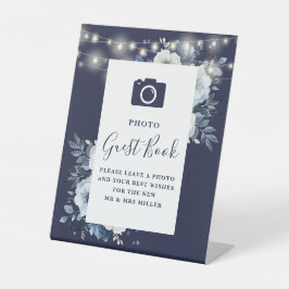 ネイビーブルーの花飾り フォトゲストブック ウェディング 台座サイン
