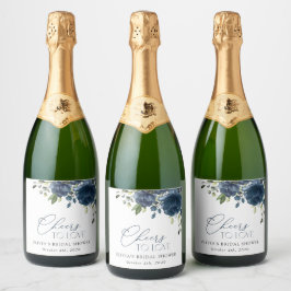 ネイビーブルーの花 グリーン ボヘミアン ブライダルシャワー スパークリングワインラベル