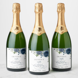ネイビーブルーの花 グリーン ボヘミアン 誕生日 スパークリングワインラベル