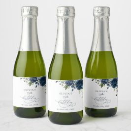 ネイビーブルーの花 グリーン ボヘミアン 誕生日 スパークリングワインラベル