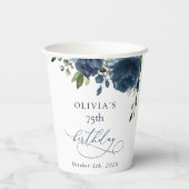 ネイビーブルーの花 グリーン ボヘミアン 誕生日 紙コップ (裏面)