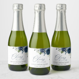 ネイビーブルーの花 グリーン ボホ ブライダルシャワー スパークリングワインラベル