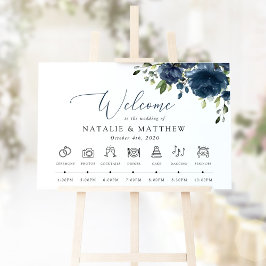 ネイビーブルーの花、グリーン、結婚式のタイムライン ポスター