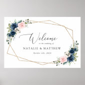 ネイビーブルーの花、ピンクの花結婚の歓迎 ポスター (正面)