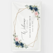 ネイビーブルーの花、ピンクの花結婚の歓迎 横断幕 (縦)