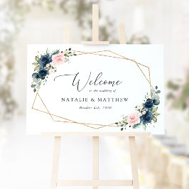 ネイビーブルーの花、ピンクの花、ウェディングウェルカム ポスター