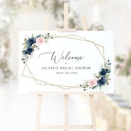 ネイビーブルーの花、ピンクの花、ウェディング歓迎 ポスター
