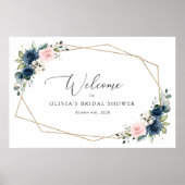 ネイビーブルーの花、ピンクの花、ウェディング ウェルカム ポスター (正面)