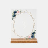 ネイビーブルーの花、ピンクの花、テーブル番号 アクリルサイン (正面)