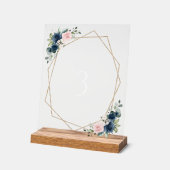 ネイビーブルーの花、ピンクの花、テーブル番号 アクリルサイン (傾斜)