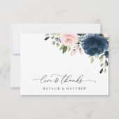 ネイビーブルーの花、ピンクの花、フラワーの結婚式 サンキューカード (正面)