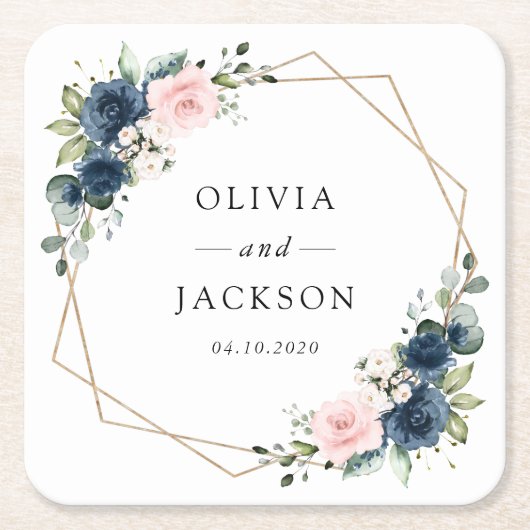 ネイビーブルーの花、ピンクの花、フラワーの結婚式 スクエアペーパーコースター (正面)